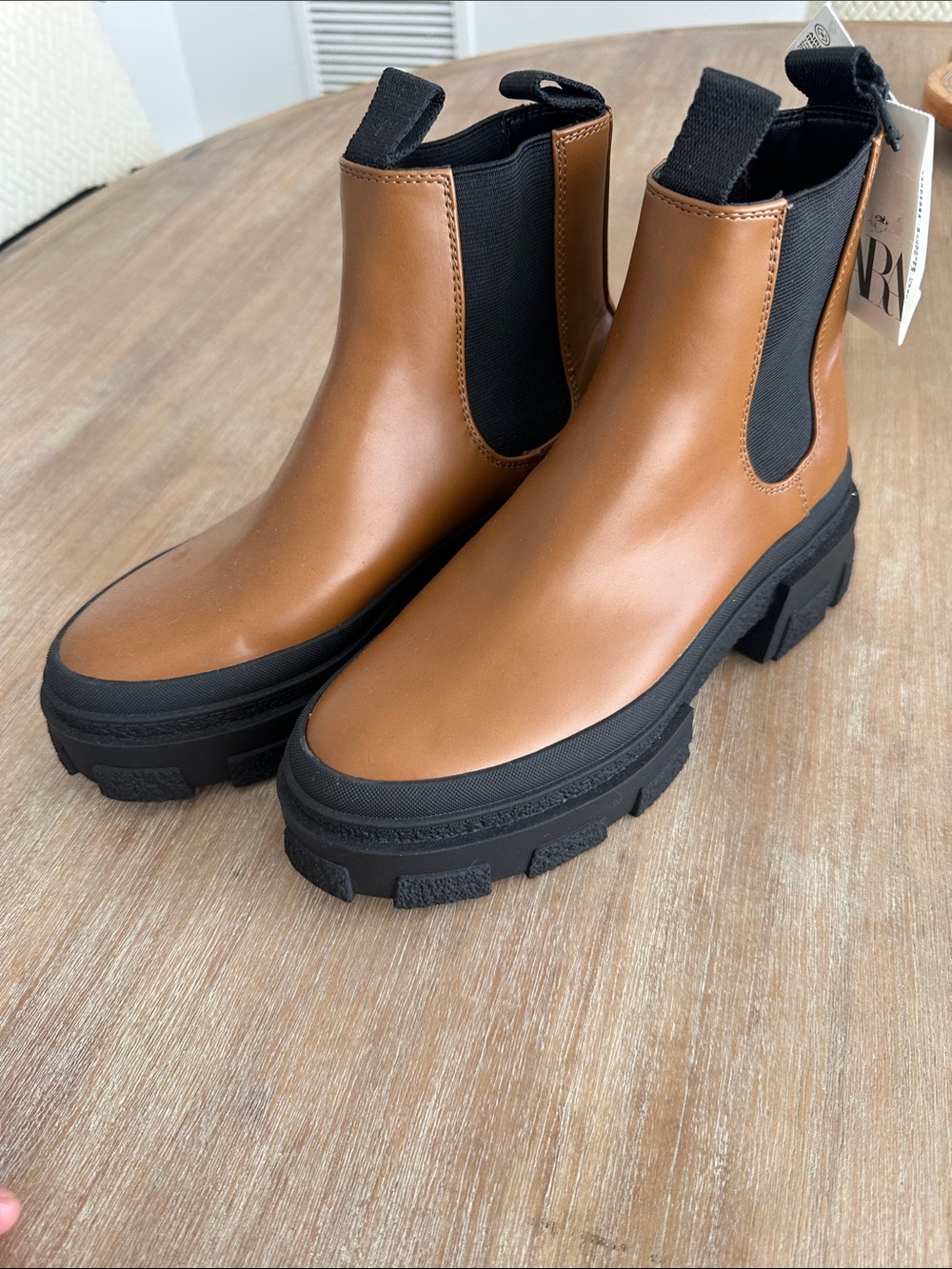 Zara Tan and Black Chunky Lug Chelsea Boots